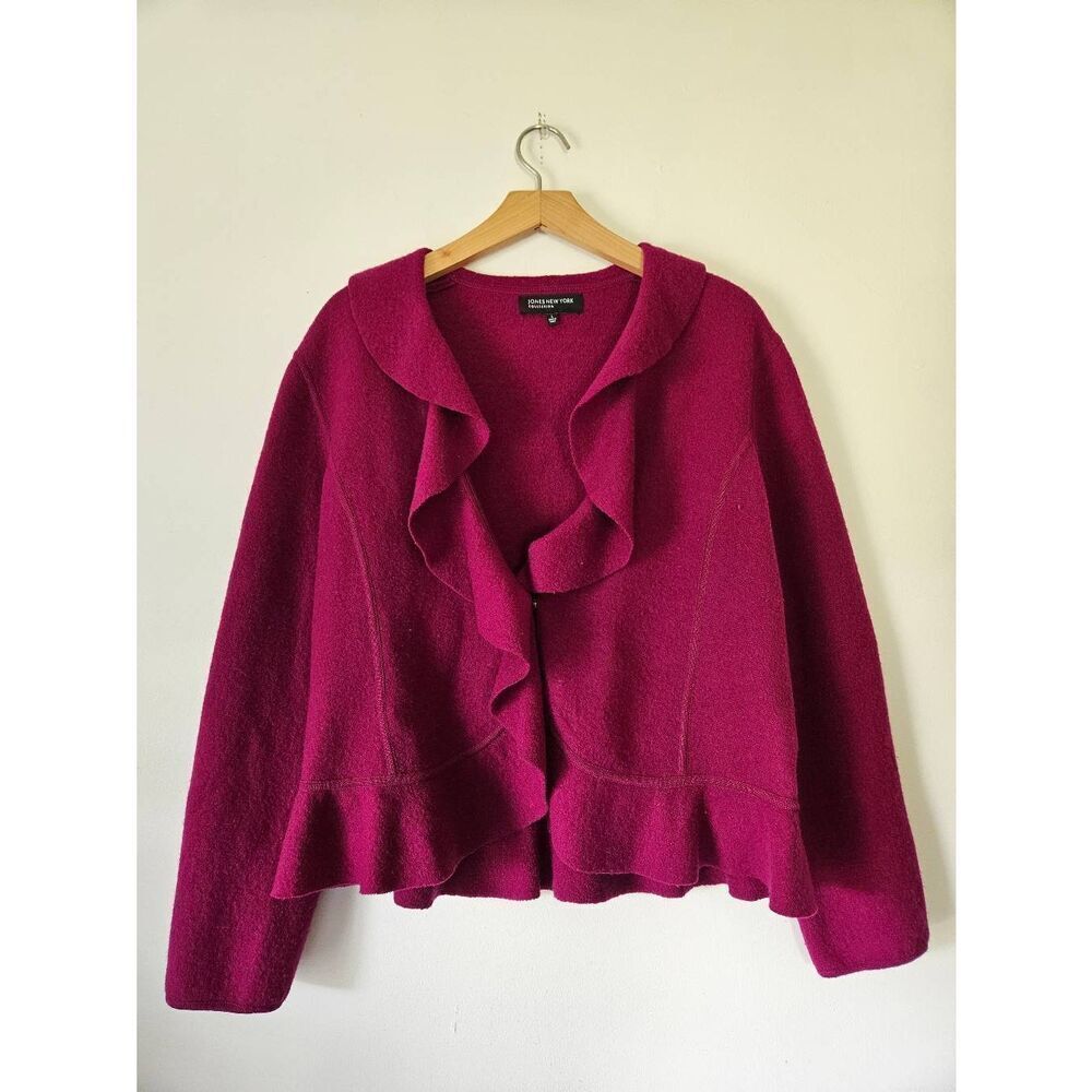 Jones New York Collection 100% Merino Wool Ruffle Cardigan Sweater Jacket Magent